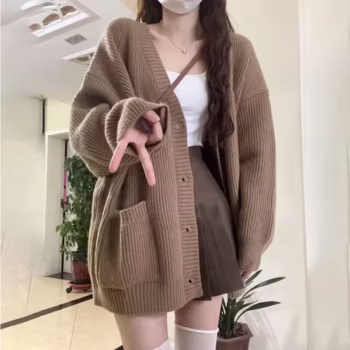 גרסה קוריאנית של קרדיגן עם צווארון V, רוח עצלה, מחלקת יפנית, סוודר פשוט לנשים, אביב וסתיו, חורף, סריגה משוחררת