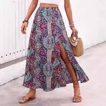 Bohomian boho רטרו פרחוני חצאיות נשים נשים מעומעומעומעום קיץ גבוה המותניים-קו plated חצאיות ארוכות חצאיות מזדמנים חצאית חוף חוף