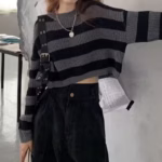 סוודר קצר בסגנון קוריאני חדש עם פסים לנשים, סוודר גדול בסגנון וינטאג' עם שרוולים ארוכים וצווארון O