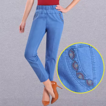 אביב קיץ דק נשים של גבוהה מותן ג 'ינס אמא אלסטי מותניים נשי מזדמן מכנסיים רופף אלסטי ג' ינס תשע סניף מכנסיים