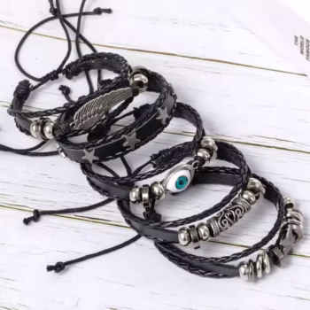 5pcs כנף עין הרע כוכב די קלוע סט צמיד בסגנון פאנק, הכולל עור וחרוזים