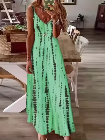 שמלת מקסי ספגטי מודפסת עם צווארון V רחב לנשים לקיץ ולחופשה בחוף