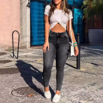 נשים ג'ינס צמוד מכנסיים עם כיסים, ג'ינס קרגו עם מותן גבוה, כביסה צמודה, רוכסן, אורך קרסול יציב