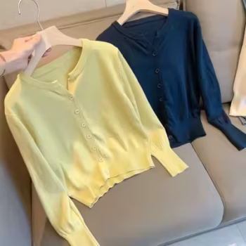 סוודר קארדיגן קצר ורחב, סרוג מצמר רך ונעים למגע, עם צווארון וי, בסגנון קוריאני, לנשים